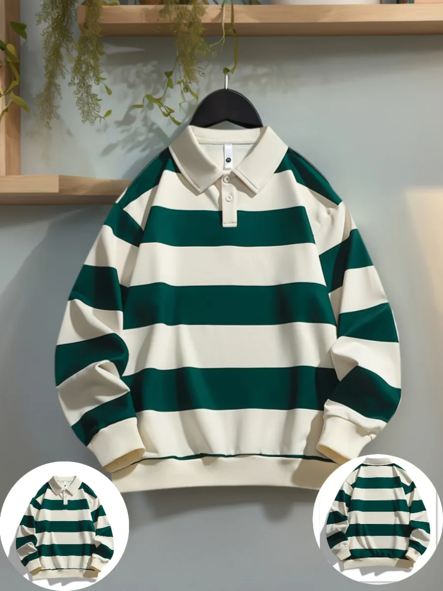 Polo manches longues à rayures horizontales marron et blanc cassé pour homme - Imagen 3
