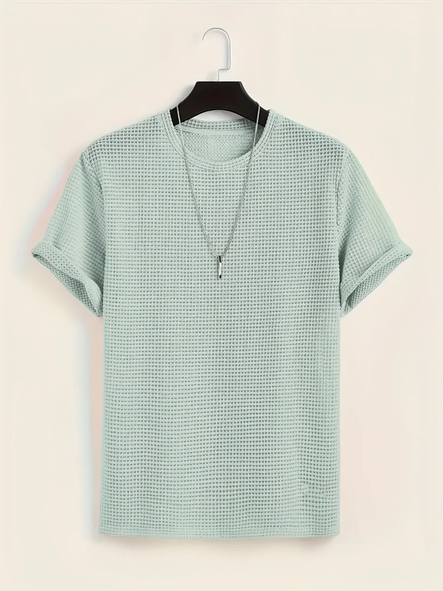 T-shirt décontracté à manches courtes pour homme style moderne avec texture ajourée - Imagen 3