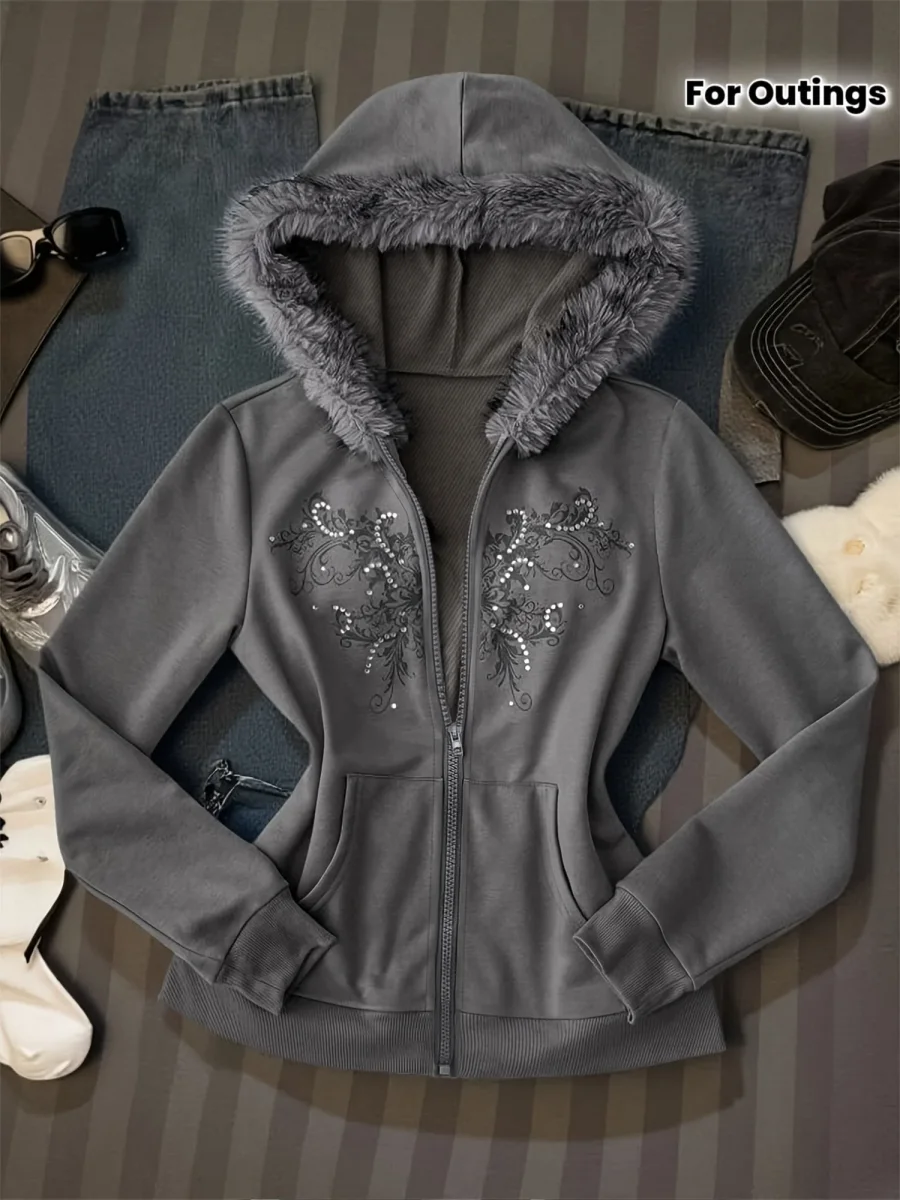 Veste à capuche grise pour femme avec bordure en fausse fourrure et motif brodé - Imagen 2