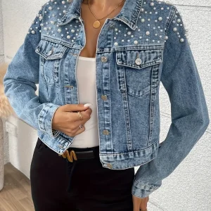 Veste en Jean Femme Bleue Décorée de Perles Manches Longues