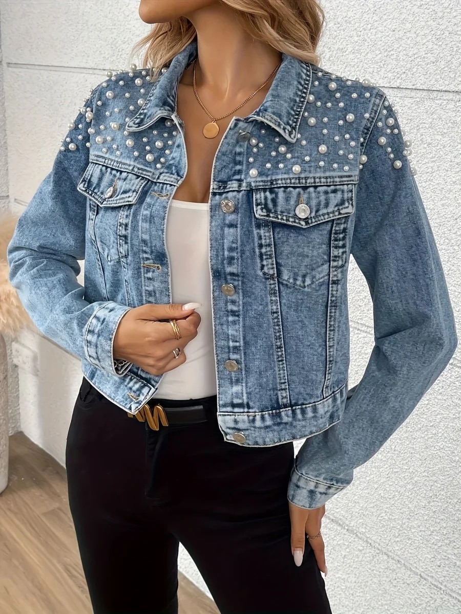 Veste en Jean Femme Bleue Décorée de Perles Manches Longues