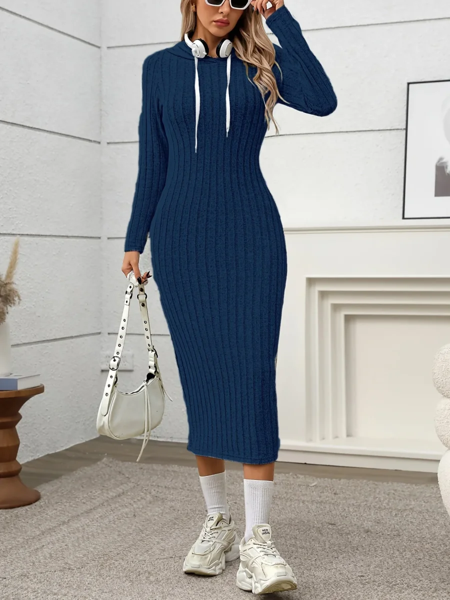 Robe longue côtelée à capuche Femme, manches longues, ajustée - Imagen 3