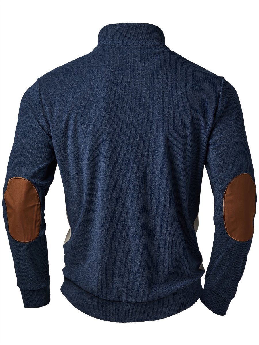Pull Homme Col Montant Bleu Marine Crème avec Coudières Marron - Imagen 4