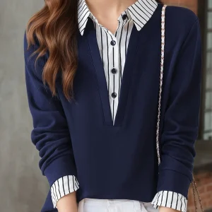 T-shirt Femme Col Chemise Rayé Manches Longues Faux Deux Pièces