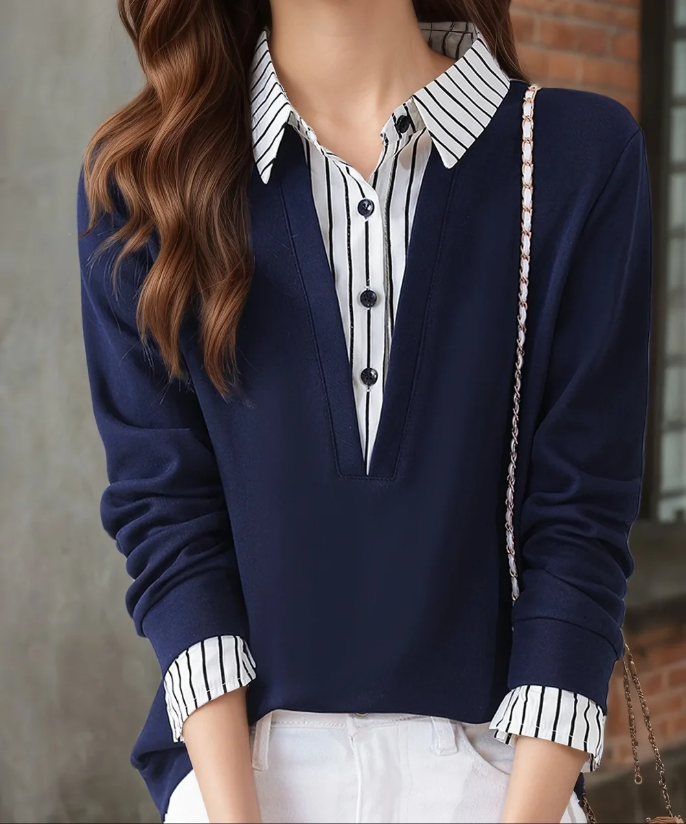 T-shirt Femme Col Chemise Rayé Manches Longues Faux Deux Pièces - Imagen 2