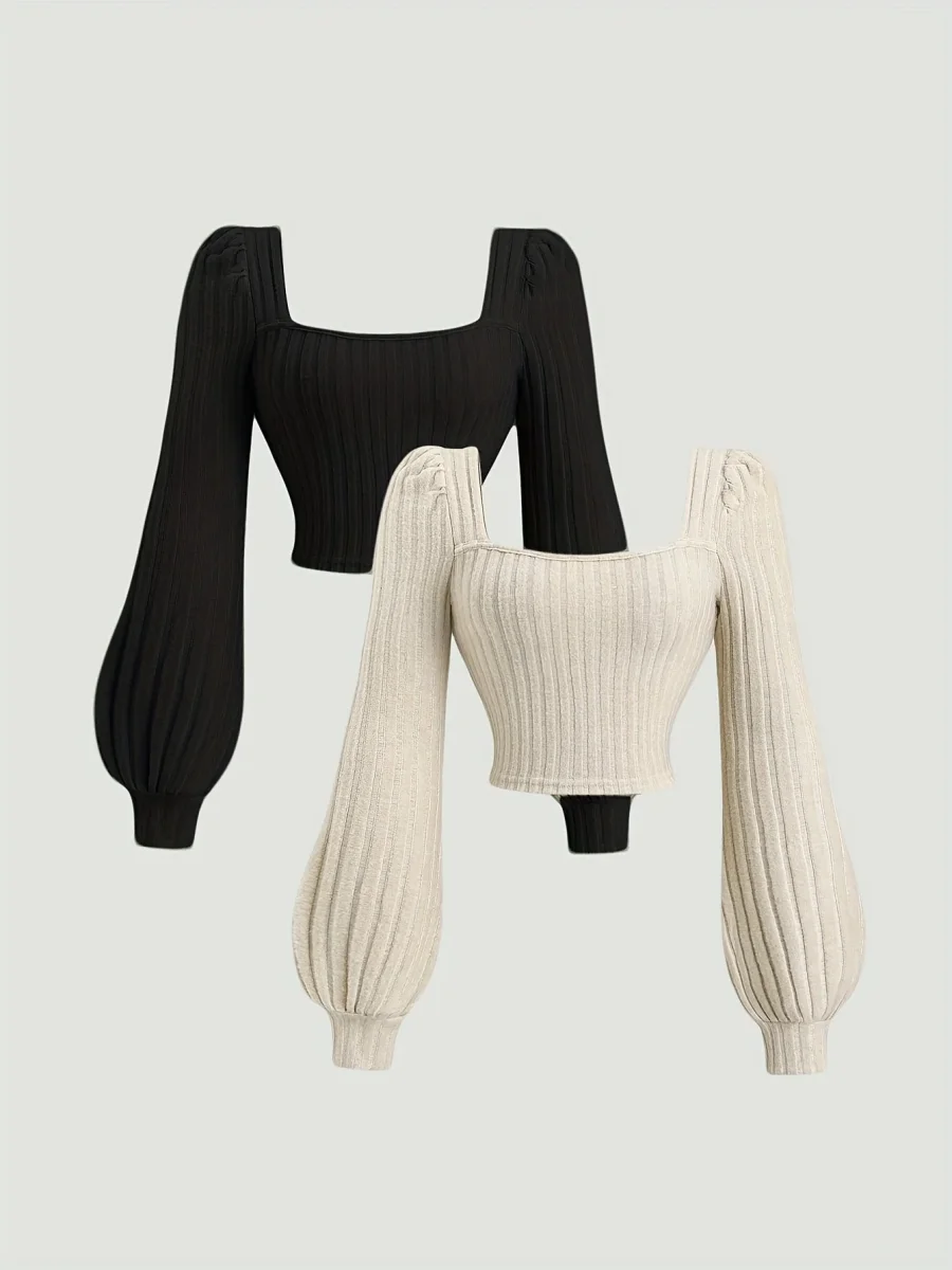 Haut côtelé court femme manches longues bouffantes col carré - Imagen 2
