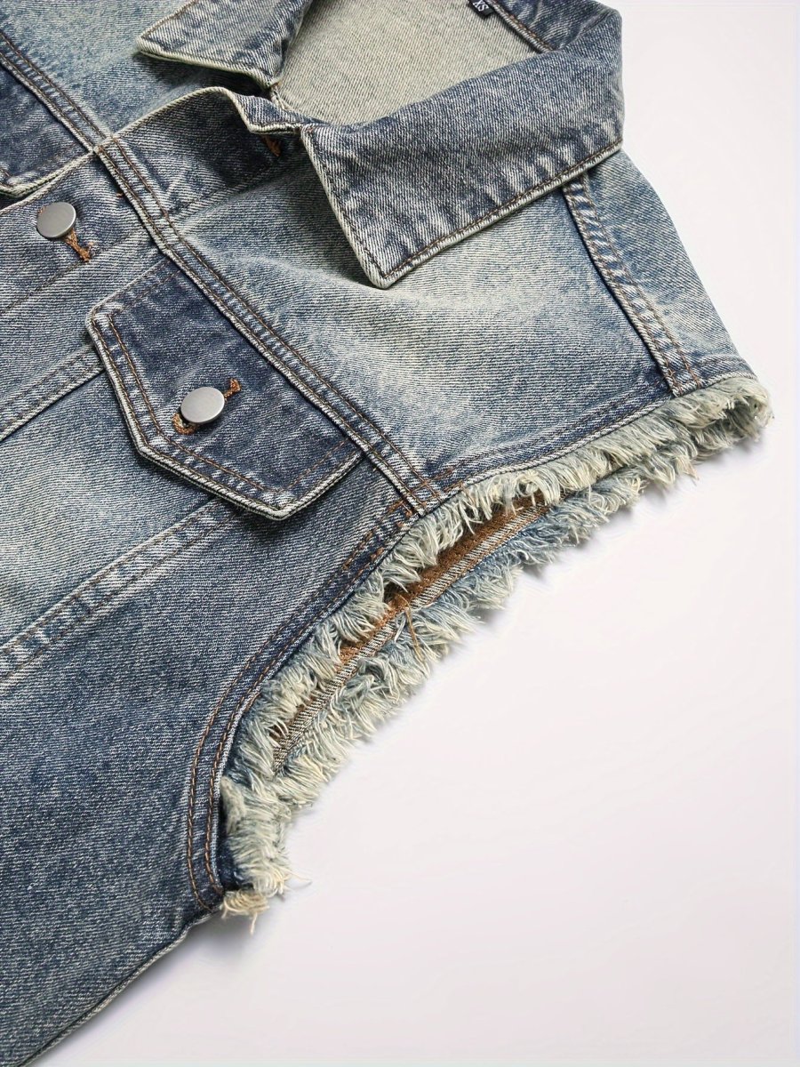 Veste sans manches en denim délavé bleu pour homme avec boutons et poches - Imagen 4
