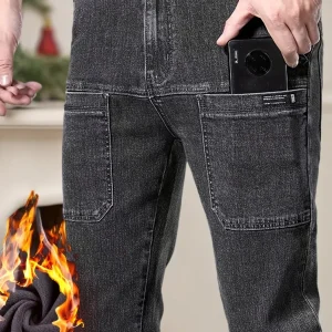 Jean Cargo Homme Hiver Doublé Polaire Coupe Droite Poches Multiples Couleur Unie