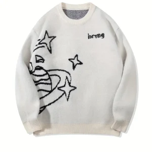 Pull en maille unisexe avec motif Planète et étoiles à col rond
