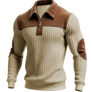 Pull homme côtelé col polo zippé empiècements contrastants coudes et épaules