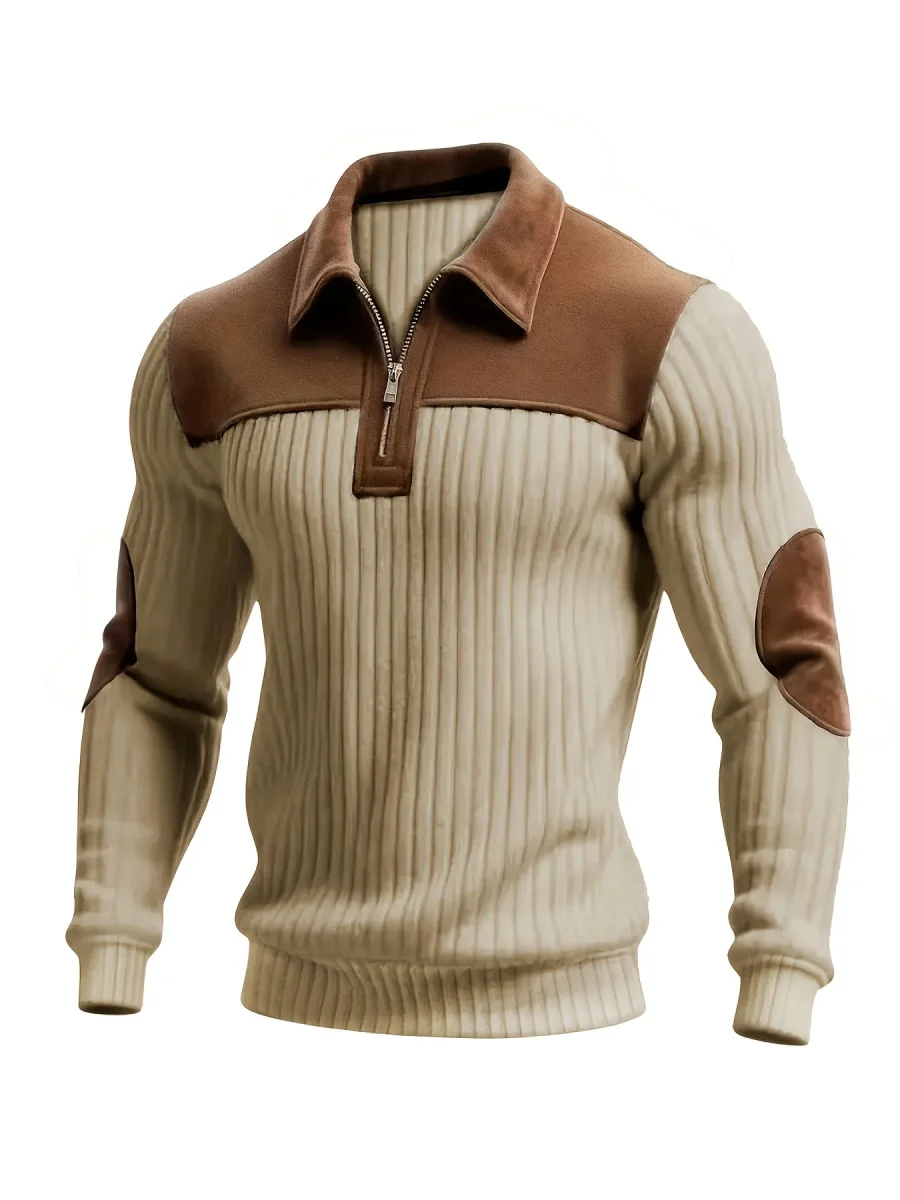 Pull homme côtelé col polo zippé empiècements contrastants coudes et épaules - Imagen 2
