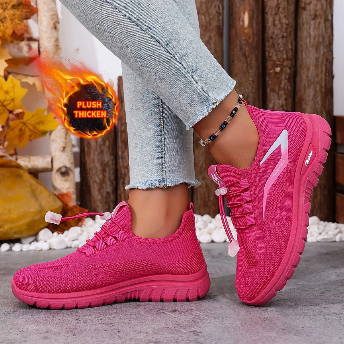 Baskets femme matelassées rose fuchsia à lacets élastiques - Imagen 3
