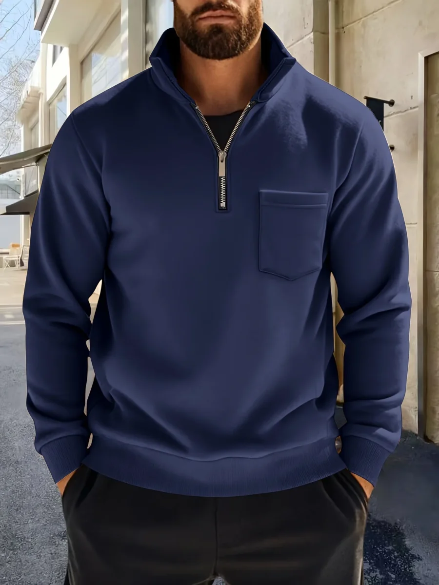 Sweat-shirt Homme Col Montant Zippé avec Poche Poitrine Couleur Unie - Imagen 7