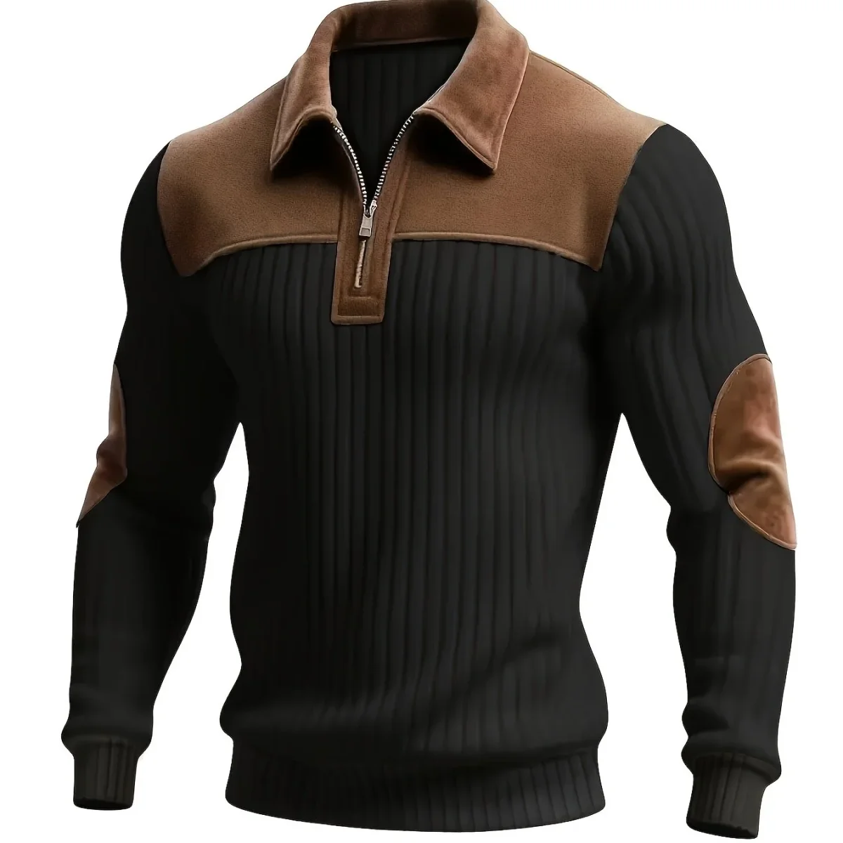 Pull homme côtelé col polo zippé empiècements contrastants coudes et épaules - Imagen 9