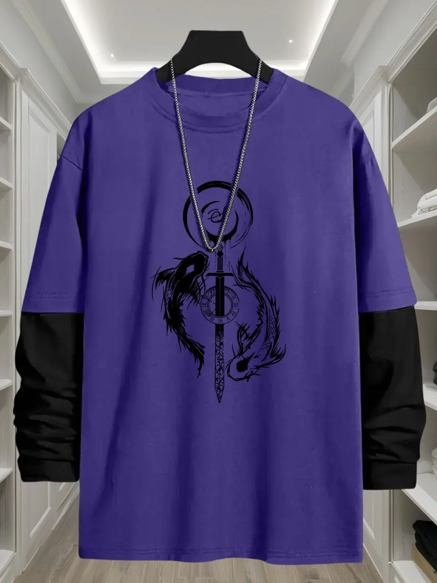 T-shirt Homme Manches Longues Bicolore Imprimé Dragon Épée - Imagen 4