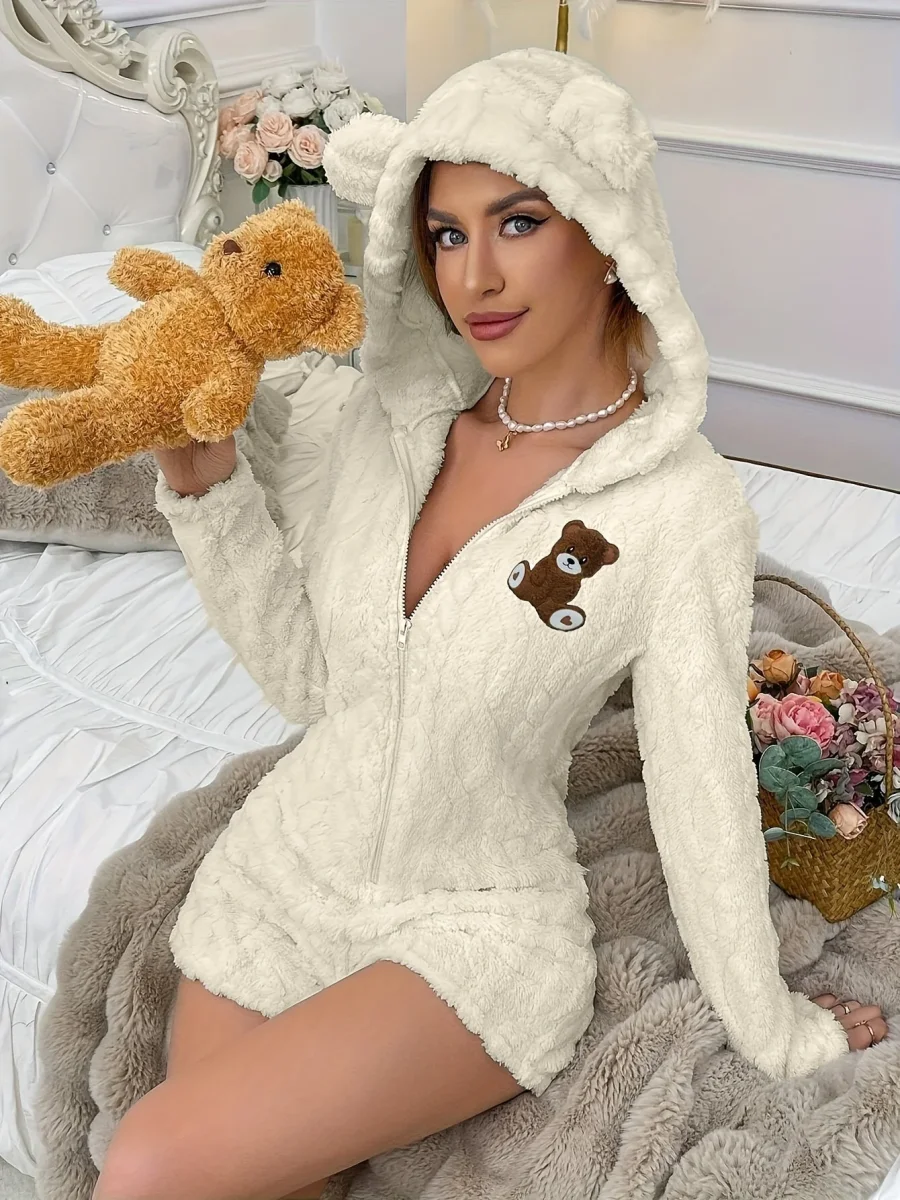 Grenouillère Peluche Femme à Capuche Ours Polaire Crème avec Broderie Ours Marron - Imagen 4