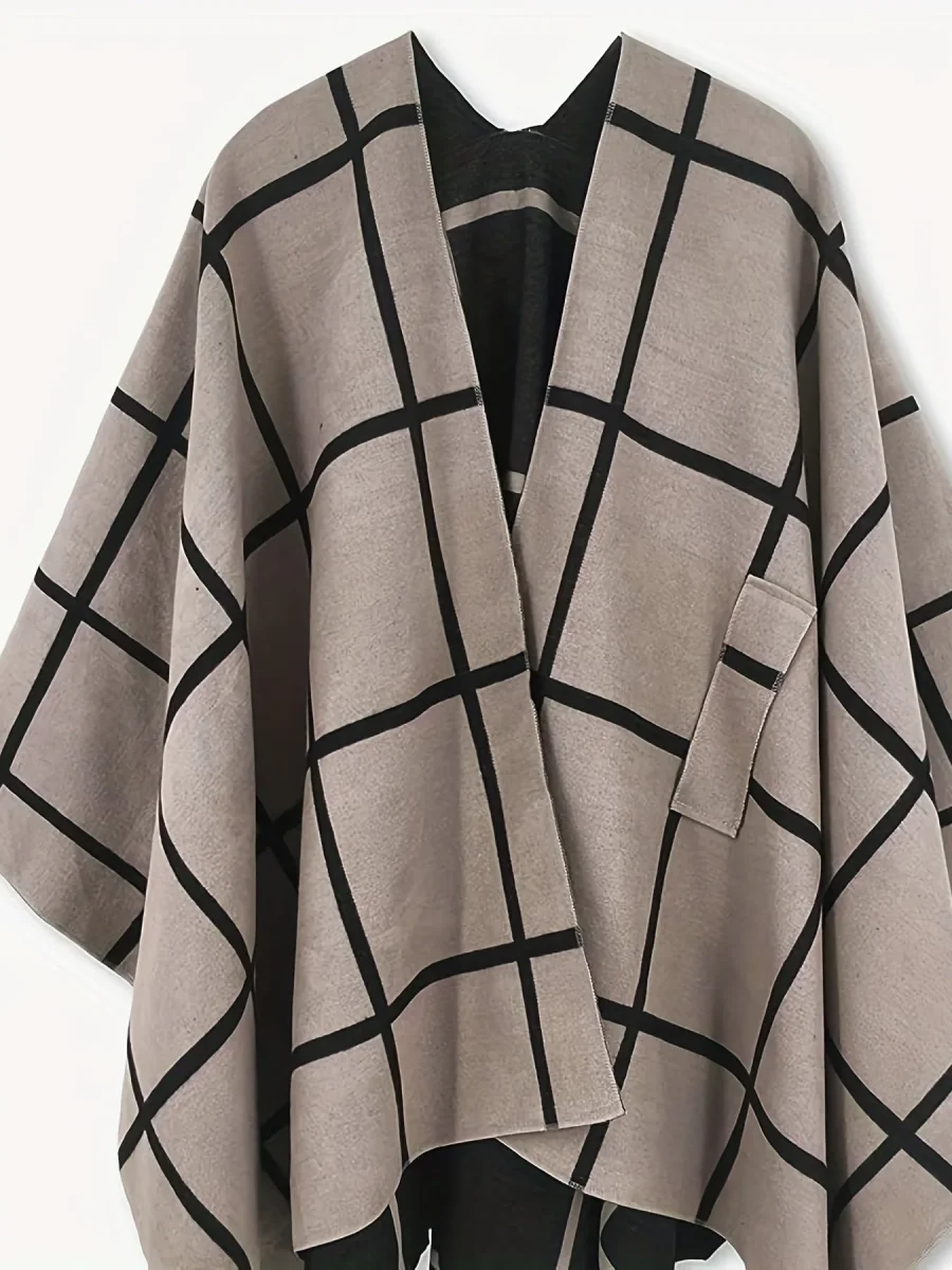 Poncho Réversible Femme Grille Noir et Beige Style Cape Élégante - Imagen 3
