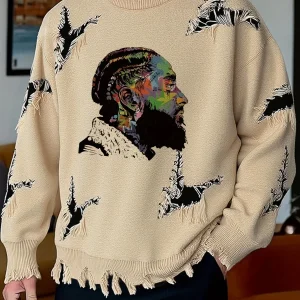 Pull homme décontracté beige à col rond avec motif visage coloré et détails déchirés