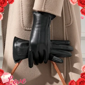 Gants noirs souples avec coutures décoratives pour femme