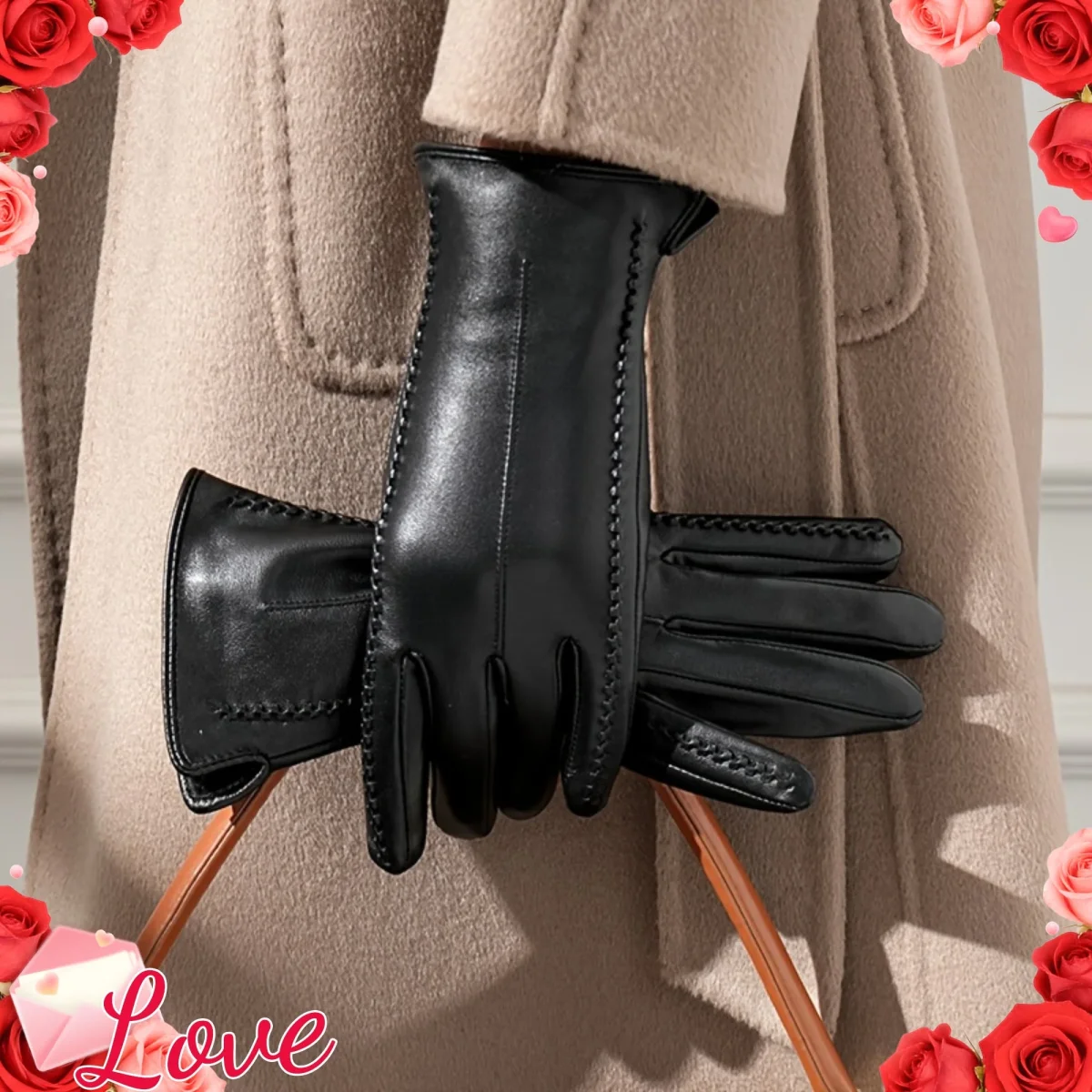 Gants noirs souples avec coutures décoratives pour femme - Imagen 2