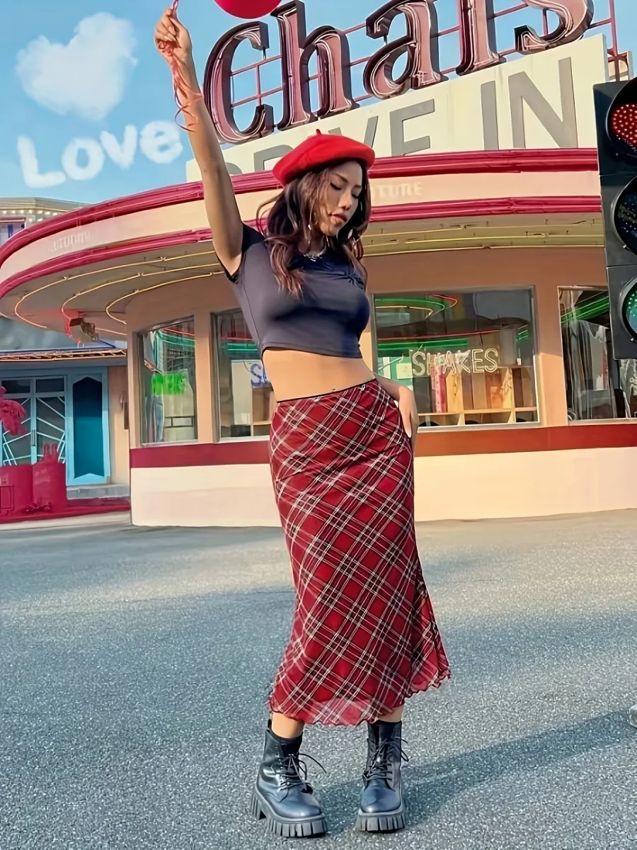 Jupe longue à carreaux géométriques style élégant pour femme - Imagen 7