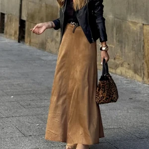 Jupe longue évasée camel style daim pour femme