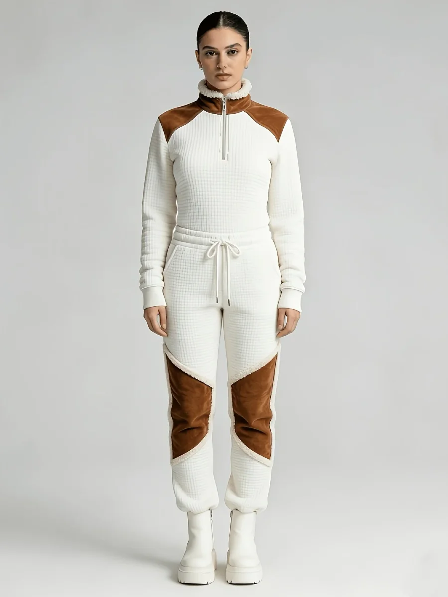 Pull matelassé Femme Col Montant Zippé Blanc Cassé Épaules Marron Effet Daim - Imagen 6