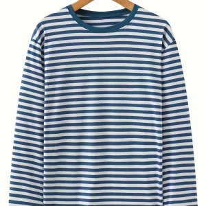 T-shirt à manches longues rayé col rond bleu et blanc pour homme