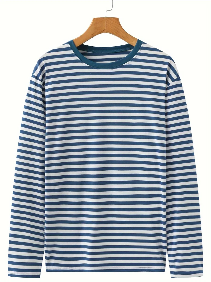 T-shirt à manches longues rayé col rond bleu et blanc pour homme