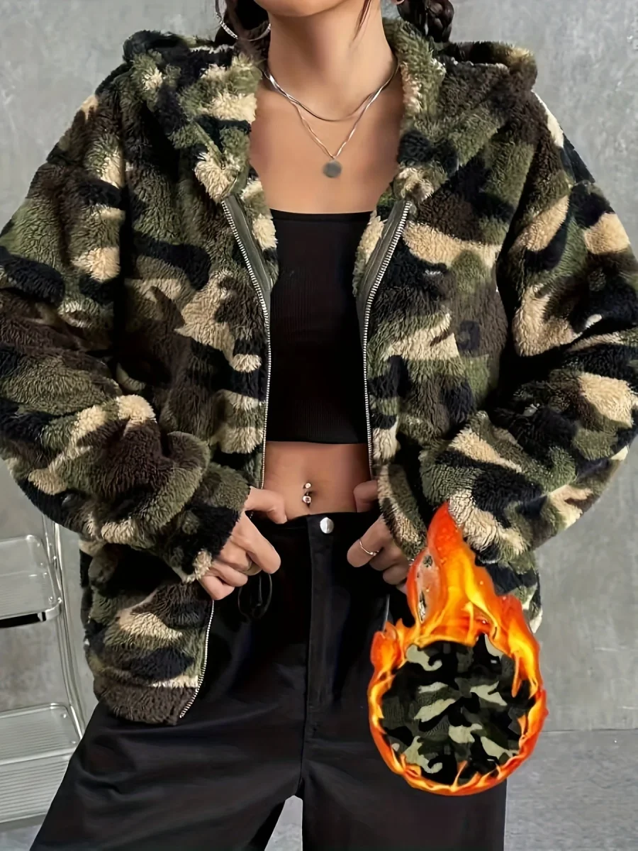 Veste à capuche zippée camouflage femme motif doux - Imagen 3