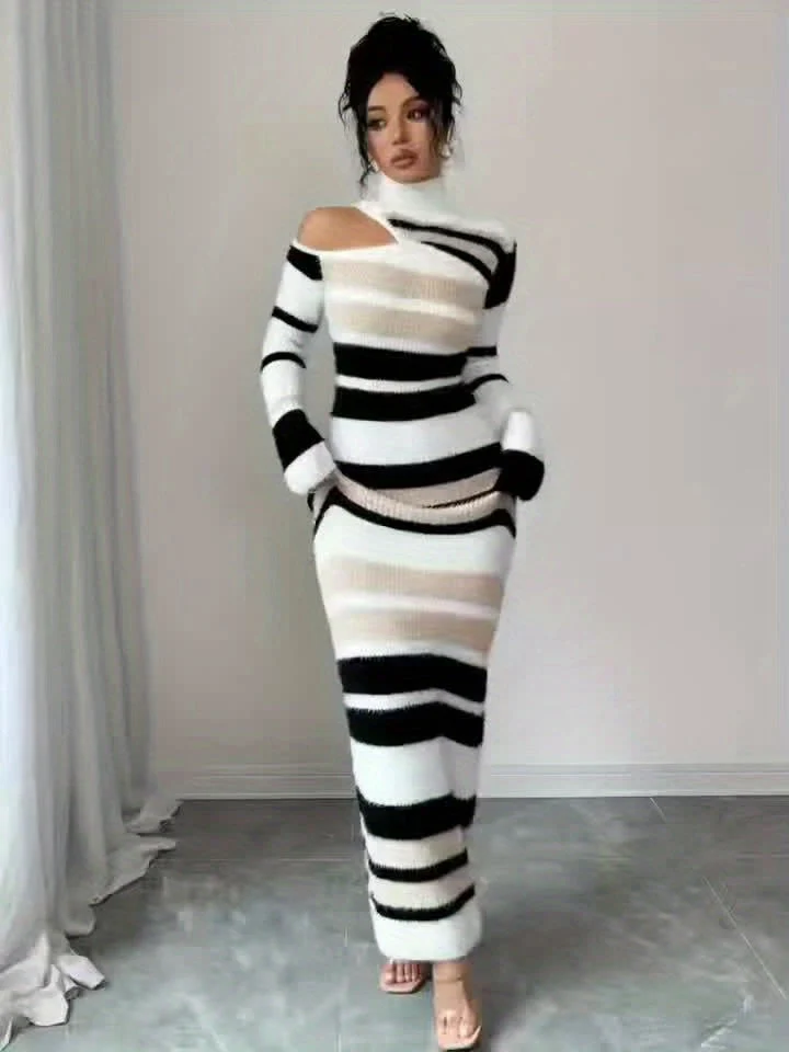 Robe longue moulante à col montant rayée Noir Crème Beige Femme - Imagen 8