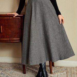 Jupe longue évasée taille haute unie gris chiné pour femme