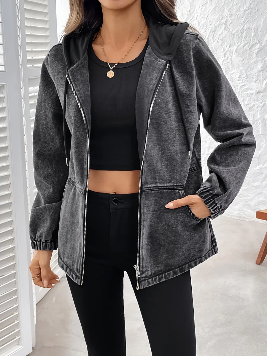 Veste à capuche femme gris délavé zippée poches à rabat - Imagen 6