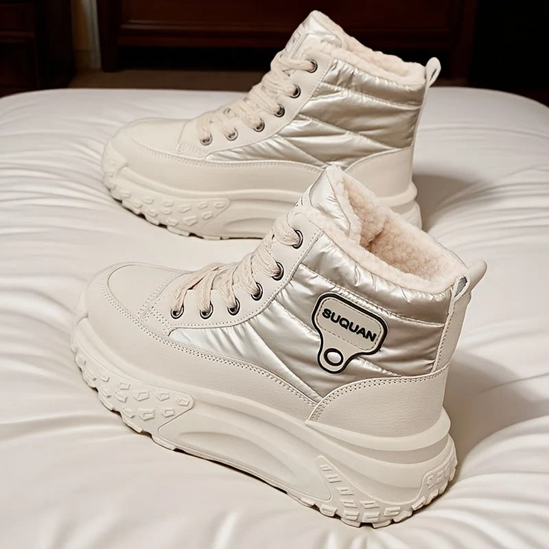 Bottes montantes femme fourrées crème brillantes lacets semelle épaisse - Imagen 7
