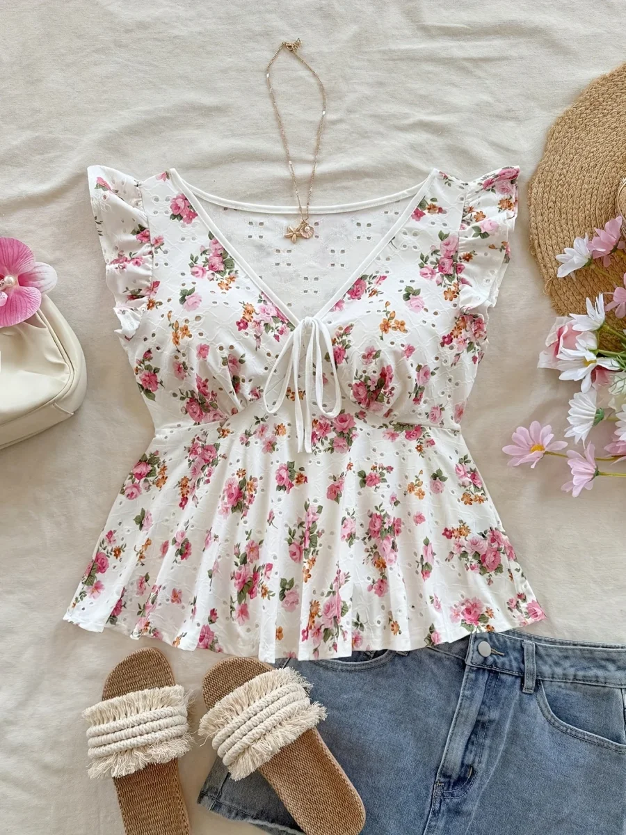 Blouse Femme Style Cottage Peplum à Imprimé Fleuri et Broderie Anglaise – Romantique, Manches Volants, Décolleté Noué - Imagen 7