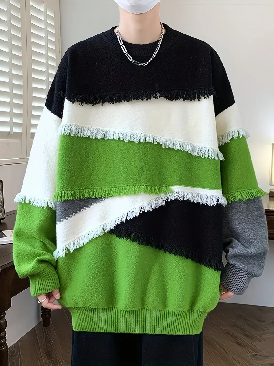 Pull Homme Col Rond Color Block à Franges Tricoté Décontracté - Imagen 8