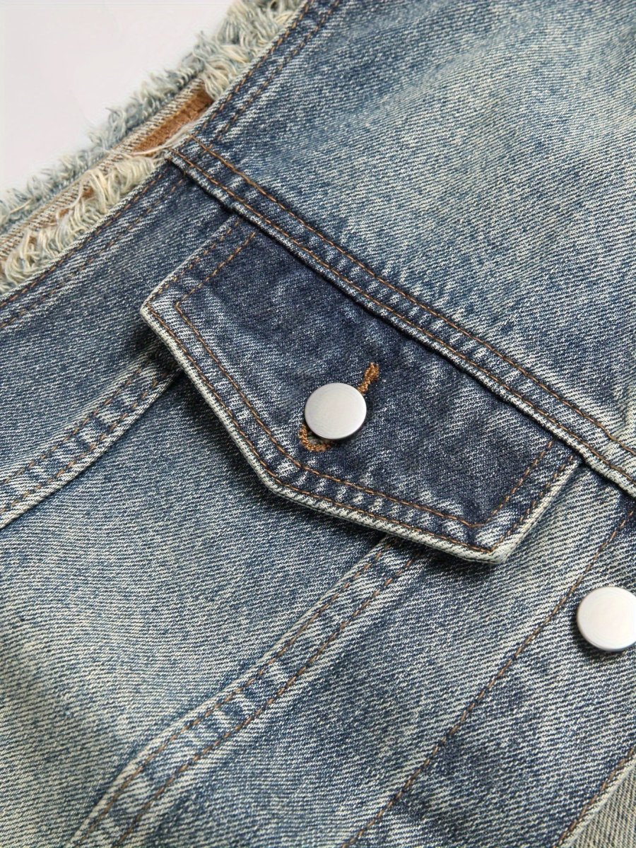 Veste sans manches en denim délavé bleu pour homme avec boutons et poches - Imagen 5