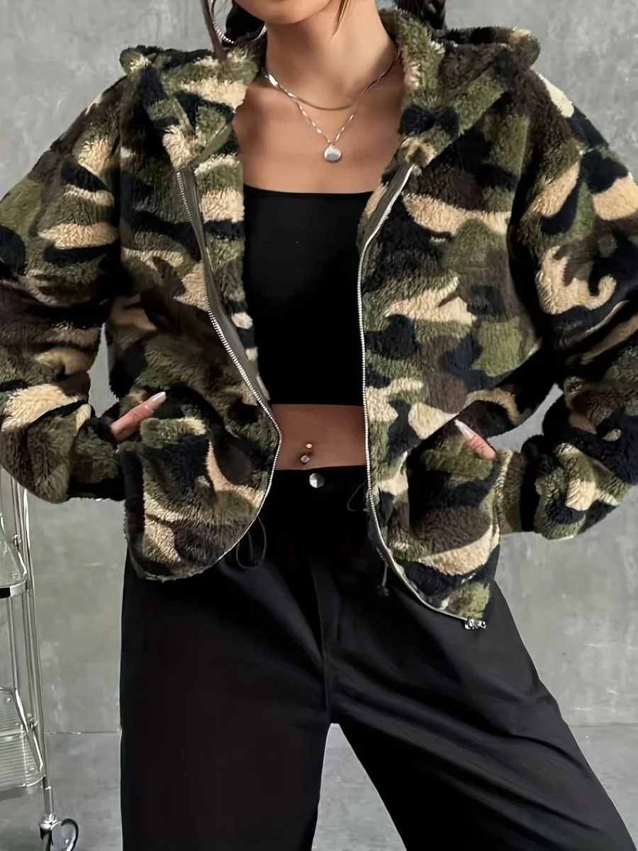 Veste à capuche zippée camouflage femme motif doux - Imagen 8
