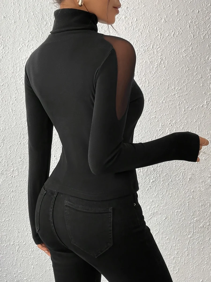 Haut moulant femme col roulé noir manches longues transparentes épaules - Imagen 4