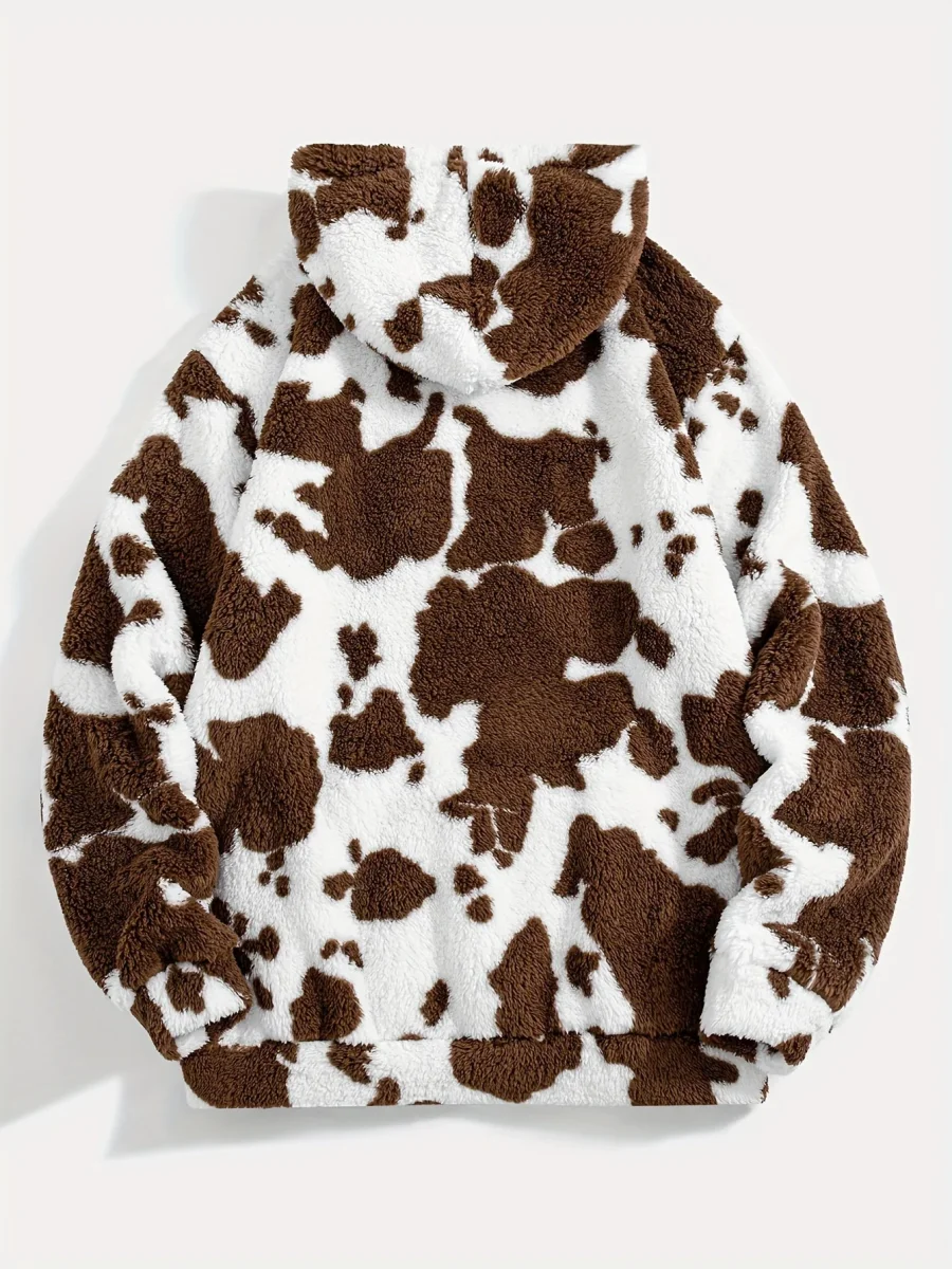 Sweat à capuche Sherpa motif peau de vache bicolore avec poche kangourou - Imagen 7