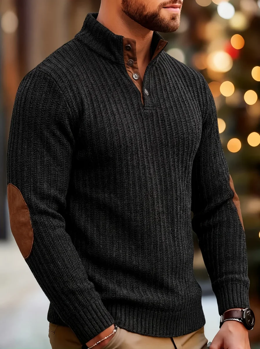 Pull homme à col montant boutonnable, motif tissé et empiècements aux coudes - Imagen 5