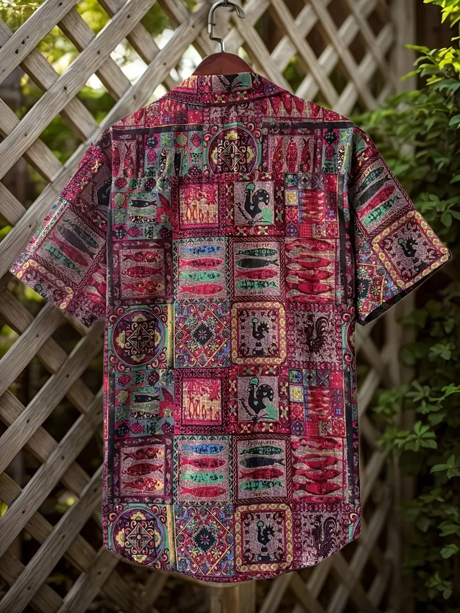 Chemise Resort Homme Motif Patchwork Style Vintage à Manches Courtes - Imagen 5