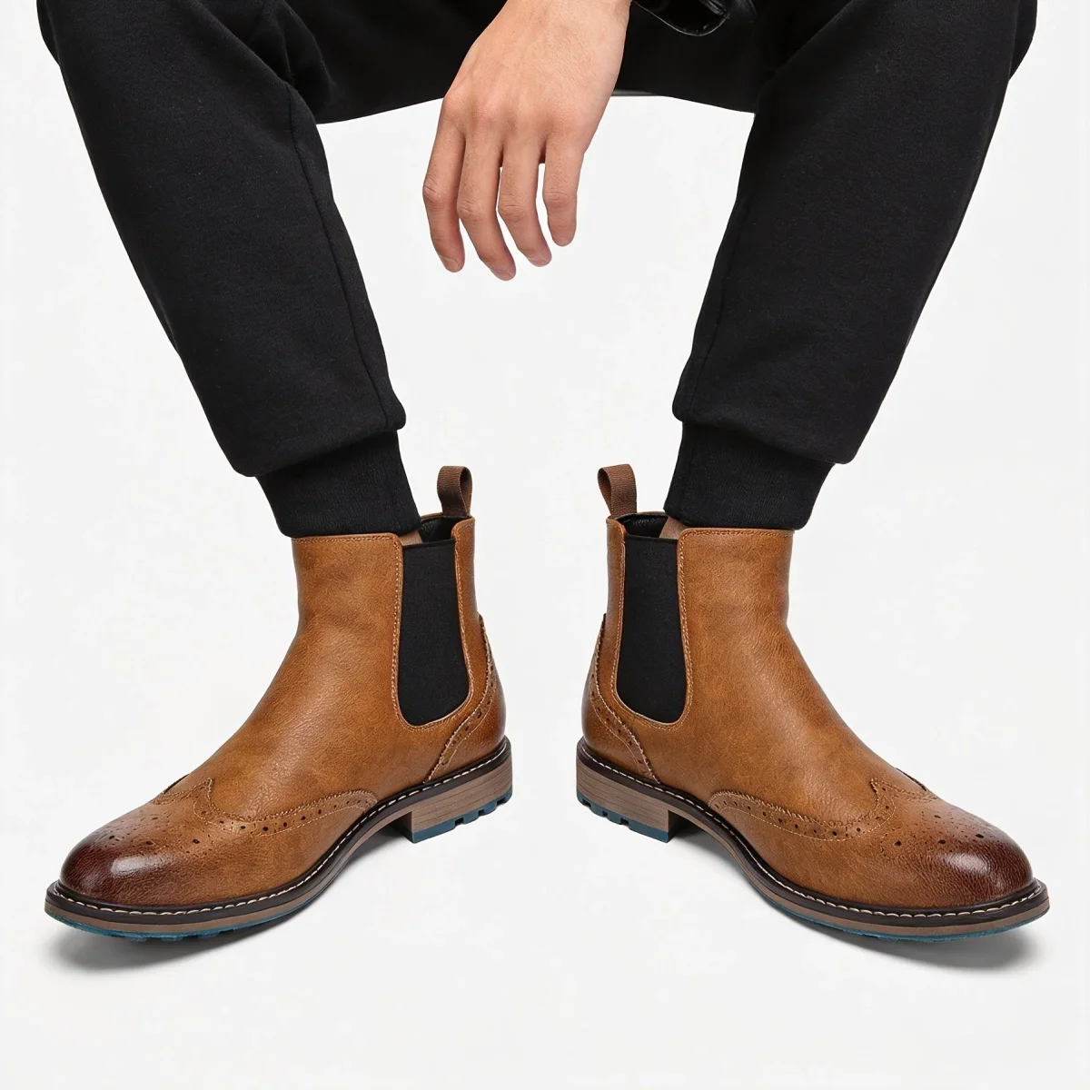 Bottes Chelsea Homme Marron Brogue Détails Perforés Élastiques Latéraux Semelle Bleue - Imagen 6