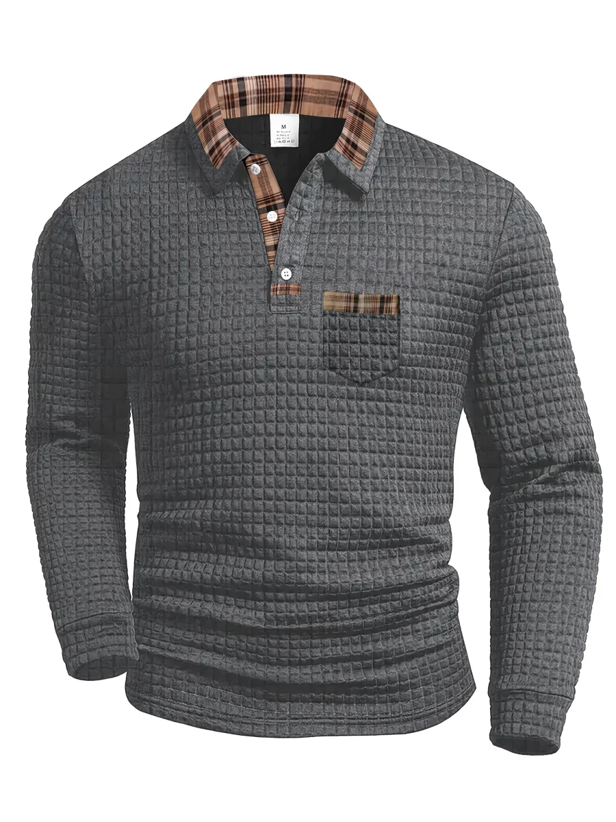 Polo homme à manches longues texturé motif gaufré avec col et poche à carreaux - Imagen 3