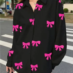 Chemise Femme Noire à Nœuds Roses Manches Longues Boutonnée
