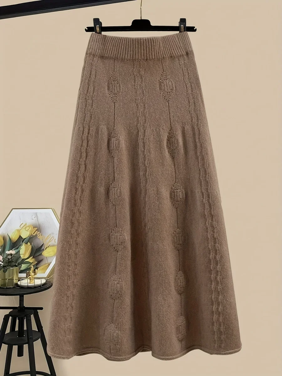 Ensemble Jupe Longue Tricotée et Pull Col Roulé Femme Bicolore Marron Crème Motif Torsadé - Imagen 4