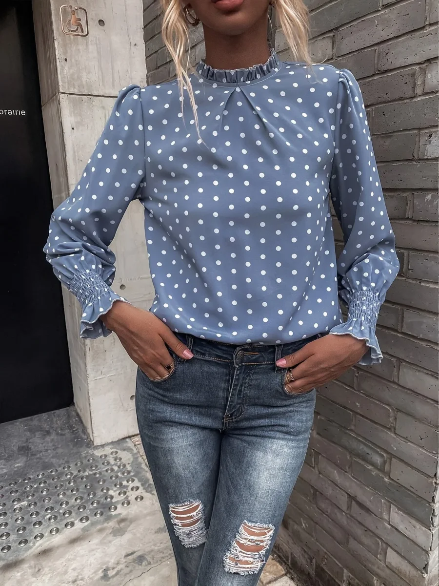 Chemisier Femme à Pois Col Montant Manches Longues Bleue - Imagen 6