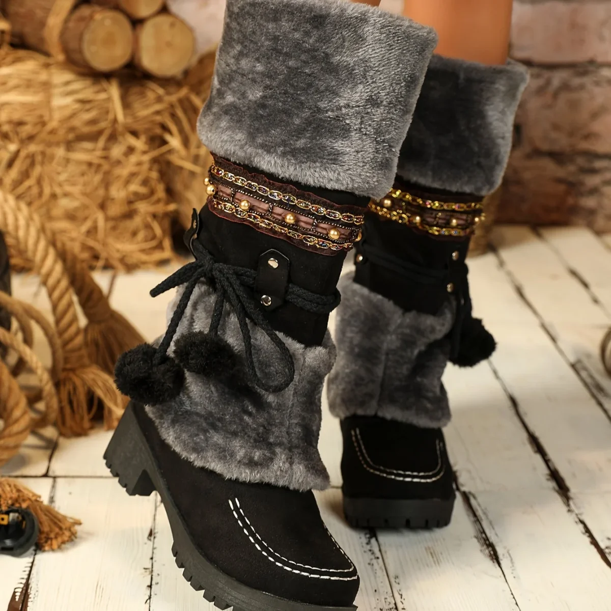 Bottes Femme Mi-Mollet Chaudes Style Ethnique Marron avec Fourrure et Pompons - Imagen 7