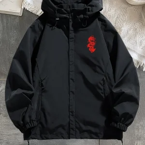 Veste à Capuche Noire Imprimé Dragon Rouge Fermeture Éclair Homme