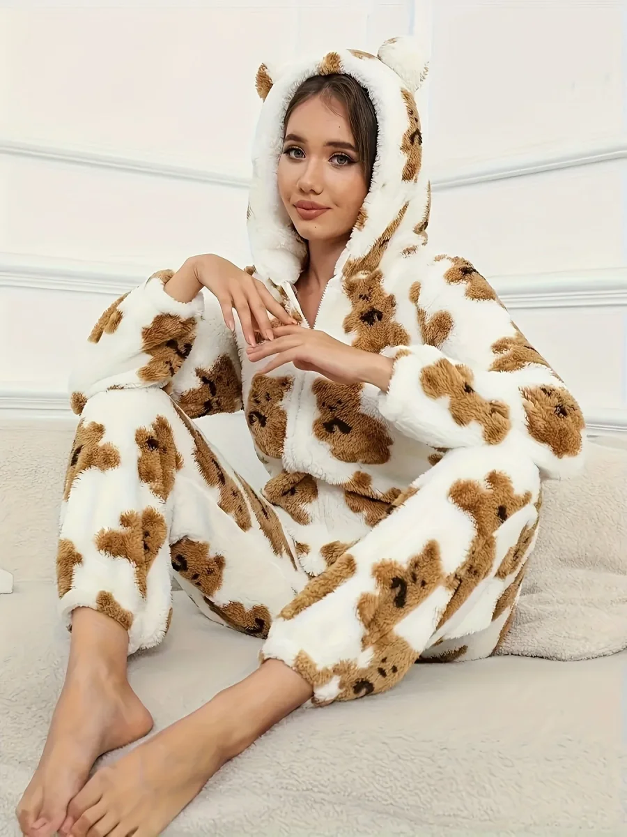 Combinaison Pyjama Polaire Femme à Capuche Ourson ou Pois Colorés Fermeture Éclair - Imagen 4